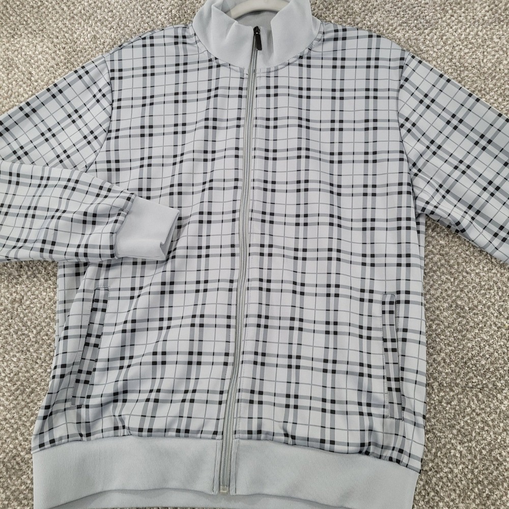 Shishi Spurt Mens Large Grey Plaid Full Zip Track Jacket Mock Neck Athletic